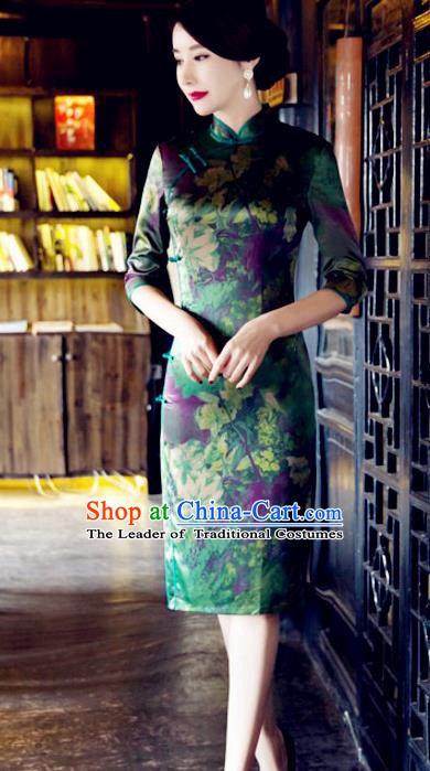 Top Grade Chinese National Costume Tang Suit Short Green Qipao Dress Elegant Printing Cheongsam for Women