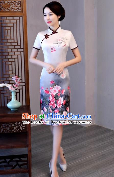Chinese Traditional Elegant Cheongsam Top Grade White Silk Full Dress National Costume Retro Printing Qipao for Women