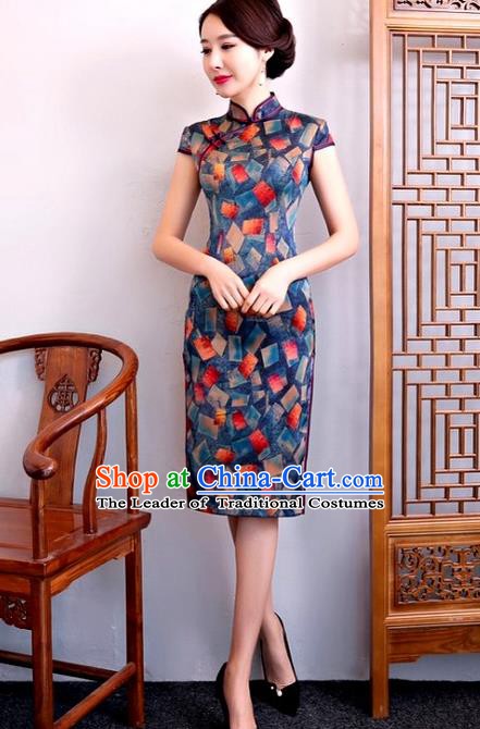 Chinese Traditional Elegant Cheongsam Top Grade Blue Silk Full Dress National Costume Retro Printing Qipao for Women