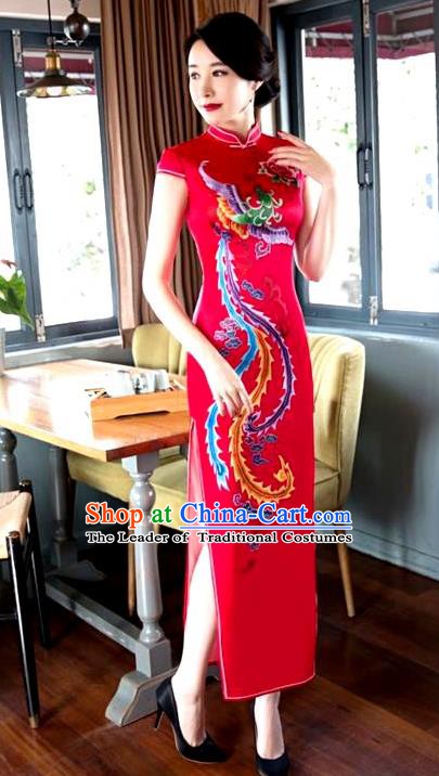 Chinese Traditional Elegant Cheongsam Wedding Red Satin Printing Phoenix Qipao National Costume for Women