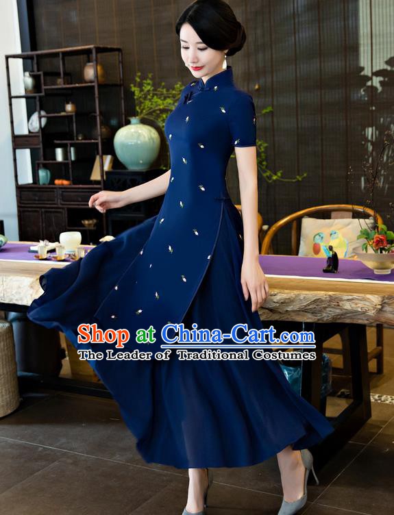 Top Grade Chinese National Costume Elegant Cheongsam Tang Suit Navy Qipao Dress for Women