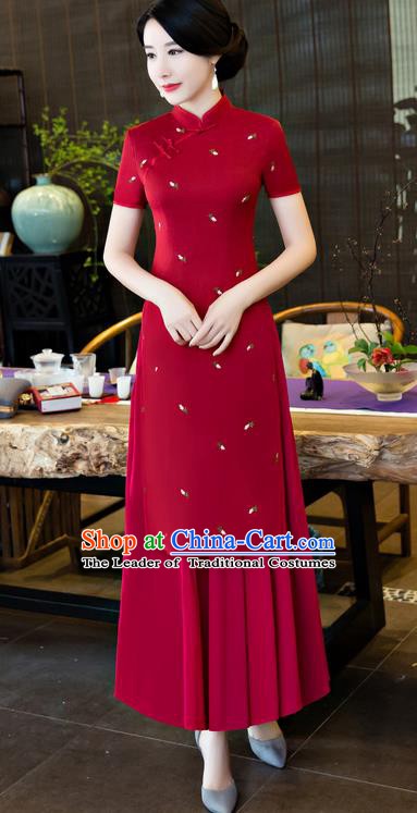 Top Grade Chinese National Costume Elegant Cheongsam Tang Suit Red Qipao Dress for Women