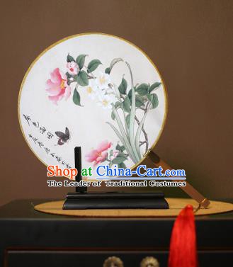 Chinese Traditional Circular Fans Handmade Printing Butterfly Flowers Round Fan China Ancient Palace Dance Fans