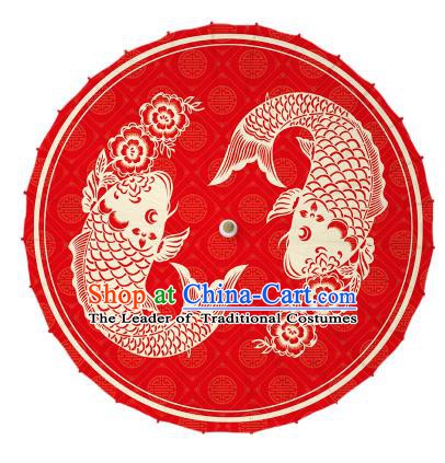 Chinese Traditional Artware Printing Carps Umbrella Classical Dance Red Oil-paper Umbrella Handmade Umbrella