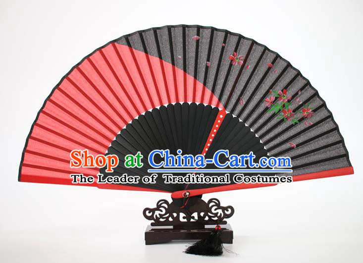 Chinese Traditional Artware Handmade Folding Fans Red Silk Fans Printing Flowers Accordion