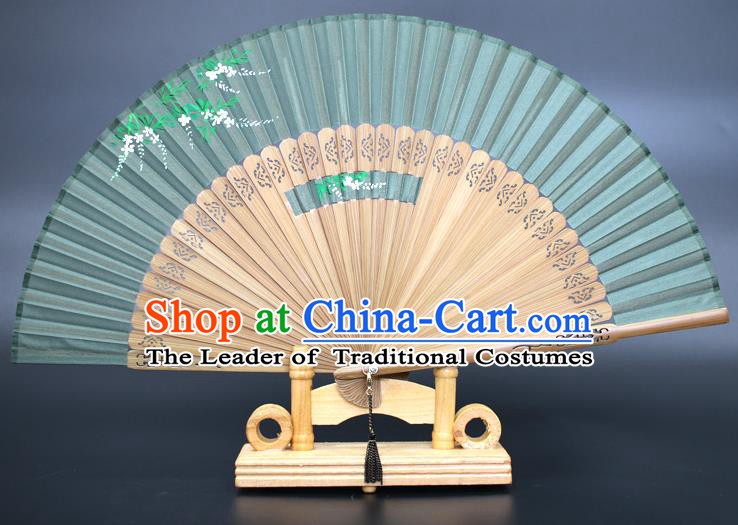 Chinese Traditional Artware Handmade Folding Fans Printing Wisteria Green Silk Fans Accordion