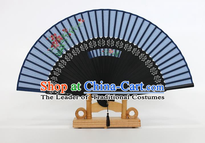 Chinese Traditional Artware Handmade Folding Fans Printing Flowers Blue Silk Fans Accordion