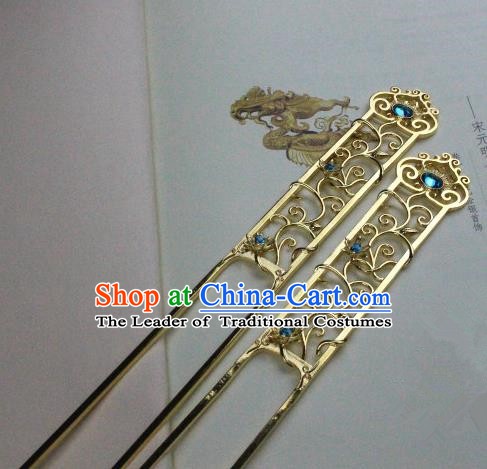 Chinese Handmade Classical Hair Accessories Hairpin Blue Crystal Golden Hair Stick Hanfu Hairpins for Women