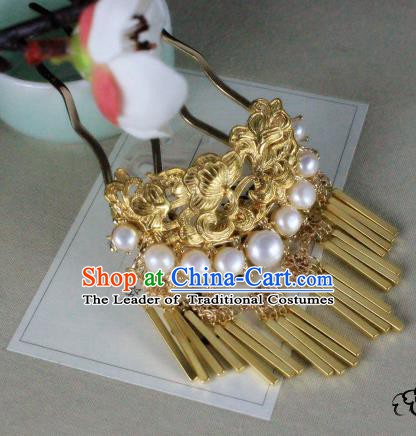Chinese Handmade Classical Hair Accessories Wedding Pearls Hairpins Hanfu Golden Hair Clip for Women
