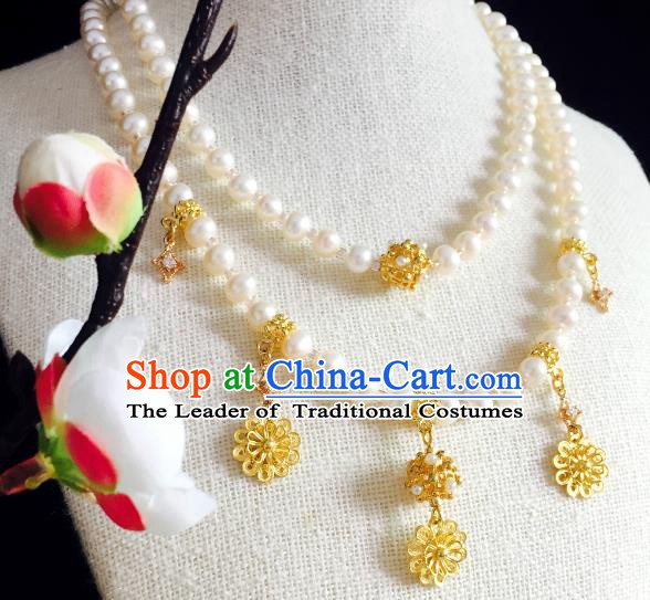 Chinese Handmade Classical Wedding Accessories Princess Golden Tassel Necklace Hanfu Pearls Necklet for Women