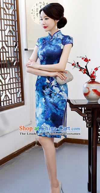 Chinese Traditional Mandarin Qipao Dress National Costume Printing Blue Short Cheongsam for Women