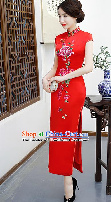 Chinese Traditional Red Mandarin Qipao Dress National Costume Embroidered Silk Cheongsam for Women