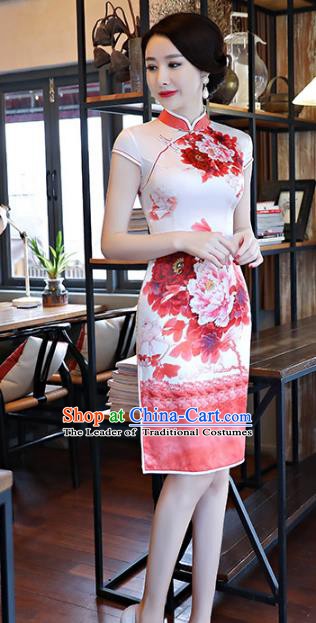 Chinese Traditional Printing Peony Red Silk Mandarin Qipao Dress National Costume Tang Suit Short Cheongsam for Women