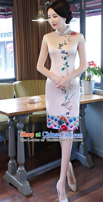 Chinese Traditional Printing Beige Silk Mandarin Qipao Dress National Costume Tang Suit Short Cheongsam for Women