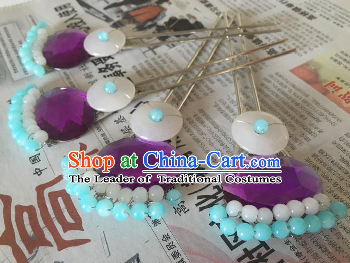Traditional Chinese Ancient Palace Lady Hair Accessories Hairpins Blue Beads Tassel Step Shake for Women