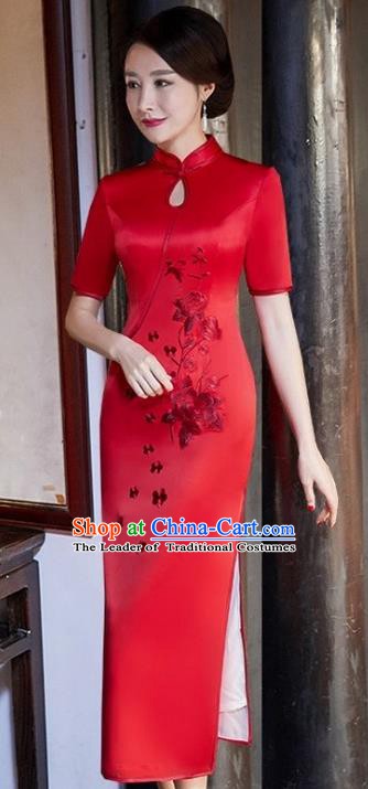 Chinese Traditional Tang Suit Embroidered Peony Qipao Dress National Costume Red Silk Mandarin Cheongsam for Women
