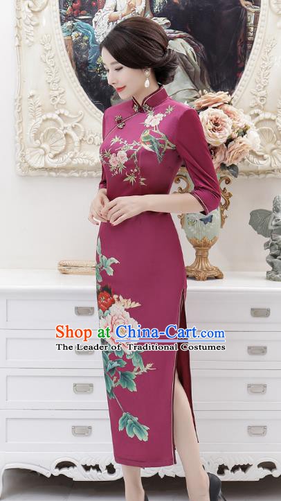 Chinese Traditional Tang Suit Purple Silk Qipao Dress National Costume Retro Printing Mandarin Cheongsam for Women