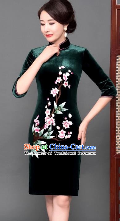 Chinese Traditional Tang Suit Qipao Dress National Costume Green Pleuche Mandarin Cheongsam for Women