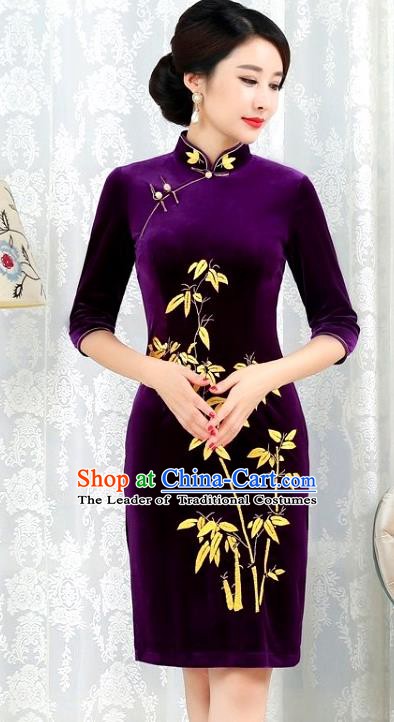 Chinese Traditional Tang Suit Qipao Dress National Costume Printing Bamboo Pleuche Mandarin Cheongsam for Women