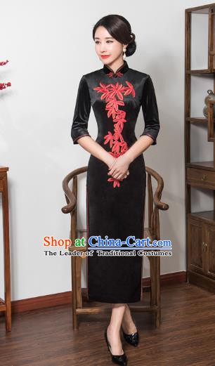 Chinese Traditional Tang Suit Embroidered Qipao Dress National Costume Retro Black Velvet Mandarin Cheongsam for Women