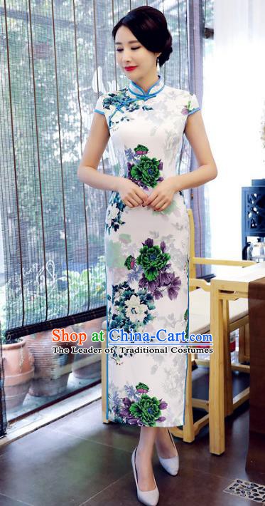 Chinese Traditional Tang Suit Printing Peony Qipao Dress National Costume White Mandarin Cheongsam for Women