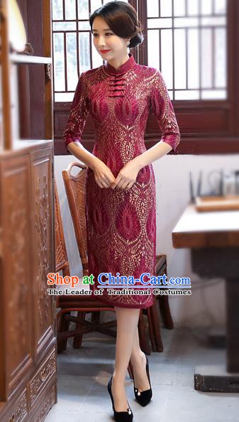 Chinese Traditional Tang Suit Qipao Dress National Costume Amaranth Mandarin Cheongsam for Women