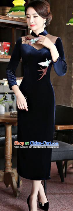 Chinese Traditional Tang Suit Embroidered Crane Qipao Dress National Costume Navy Mandarin Cheongsam for Women