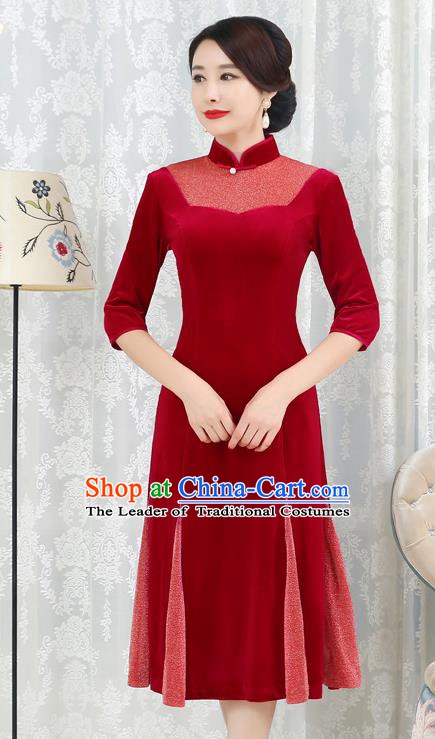 Chinese Traditional Tang Suit Red Velvet Qipao Dress National Costume Top Grade Mandarin Cheongsam for Women