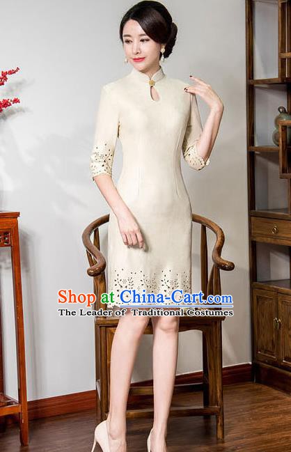 Chinese Traditional Tang Suit Apricot Suede Fabric Qipao Dress National Costume Top Grade Mandarin Cheongsam for Women