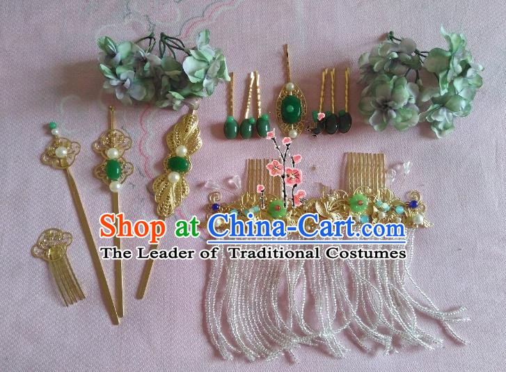 Traditional Chinese Ancient Wedding Hair Accessories Green Flowers Hair Stick Hairpins Complete Set for Women