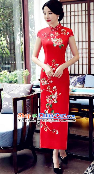 Top Grade Chinese Traditional Printing Flowers Qipao Dress National Costume Tang Suit Red Silk Mandarin Cheongsam for Women