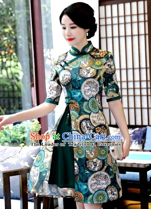 Top Grade Chinese Green Watered Gauze Qipao Dress National Costume Traditional Mandarin Cheongsam for Women