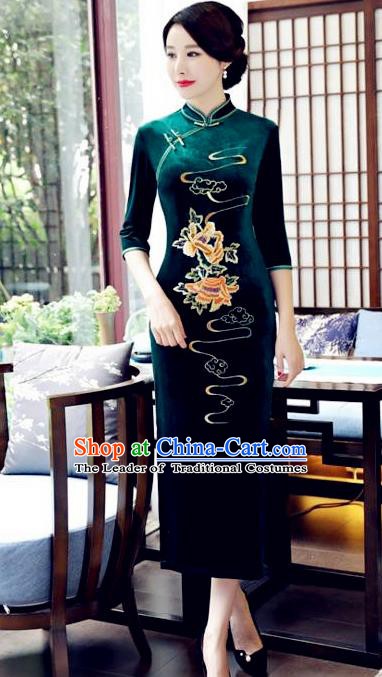 Top Grade Chinese Embroidered Qipao Dress National Costume Traditional Green Velvet Mandarin Cheongsam for Women