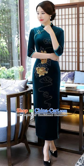 Top Grade Chinese Atrovirens Velvet Qipao Dress National Costume Traditional Mandarin Cheongsam for Women