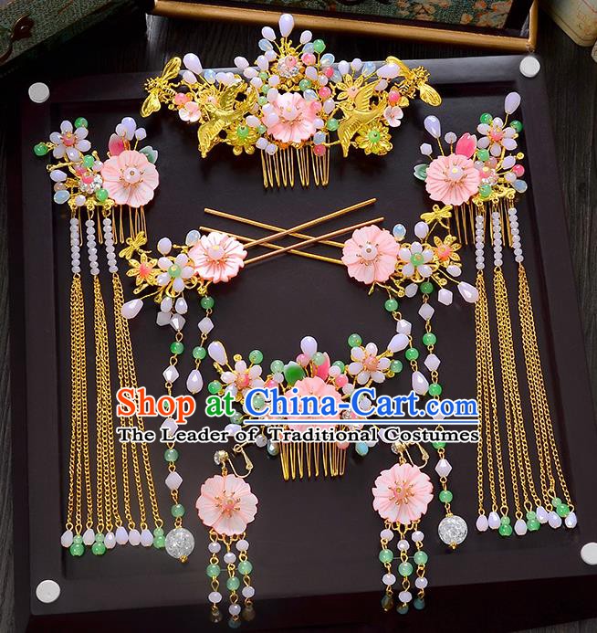 Traditional Chinese Ancient Bride Hair Accessories Xiuhe Suit Hairpins Pink Flowers Hair Comb Complete Set for Women
