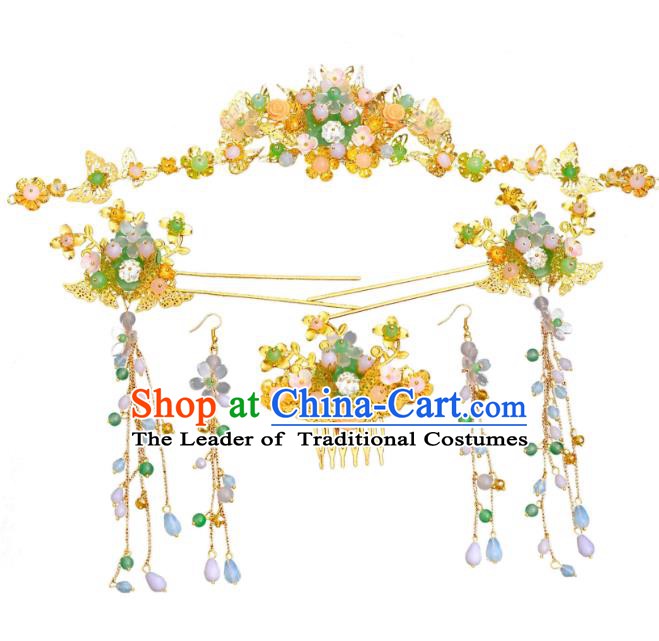 Traditional Chinese Ancient Bride Hair Accessories Xiuhe Suit Hairpins Golden Hair Clasp Complete Set for Women