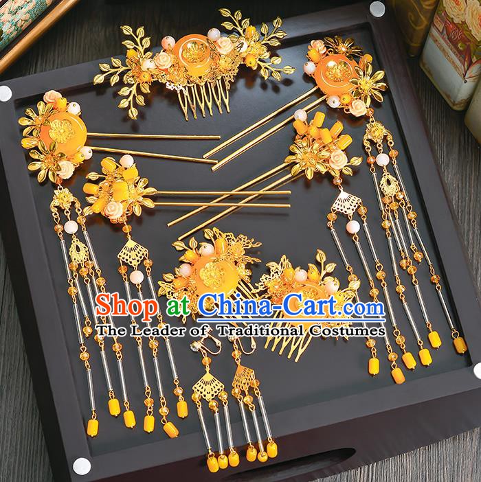Traditional Chinese Ancient Bride Hair Accessories Xiuhe Suit Yellow Phoenix Coronet Hairpins Complete Set for Women