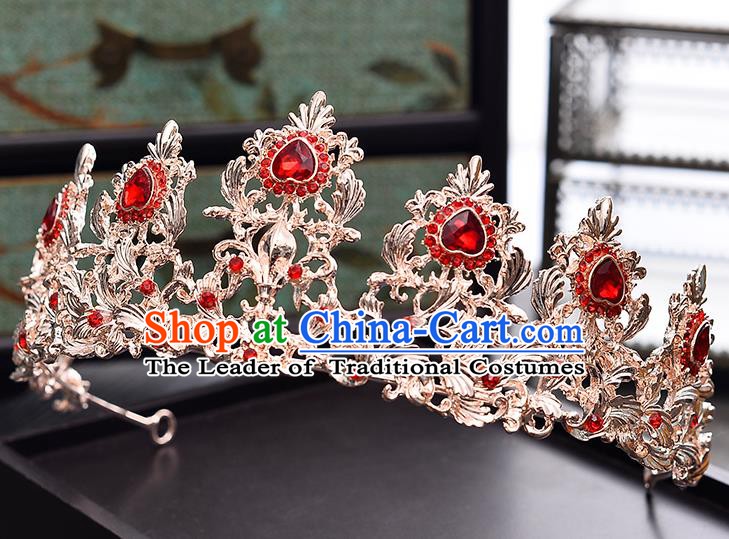 Handmade Bride Wedding Hair Accessories Red Crystal Royal Crown for Women