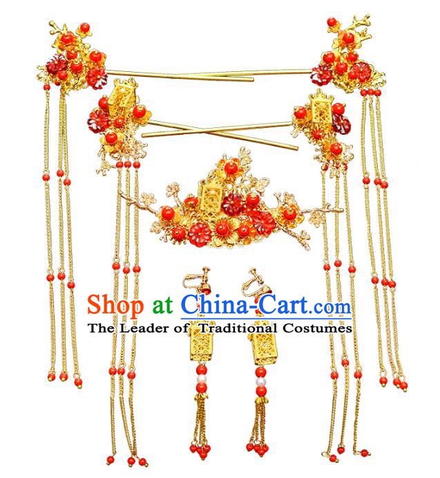 Traditional Chinese Ancient Hair Accessories Xiuhe Suit Bride Phoenix Coronet Red Beads Tassel Hairpins Complete Set for Women
