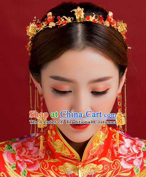 Traditional Chinese Ancient Bride Hair Accessories Xiuhe Suit Hairpins Tassel Hair Clasp Complete Set for Women