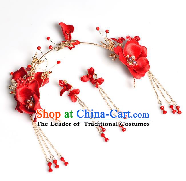 Handmade Bride Wedding Hair Accessories Red Flowers Hair Clasp and Earrings for Women