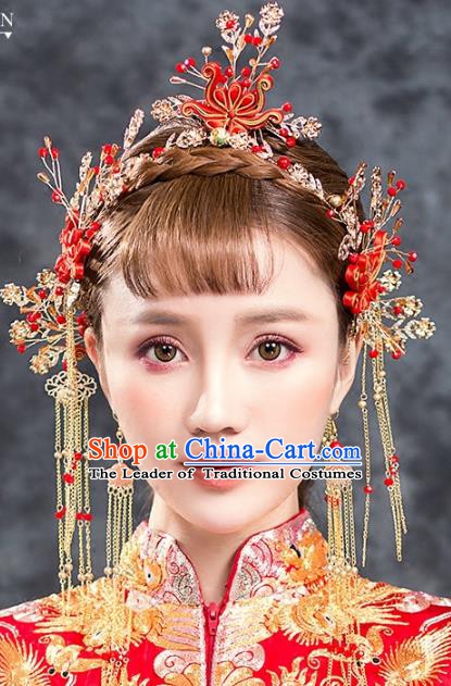Traditional Chinese Ancient Bride Hair Accessories Xiuhe Suit Hairpins Chinese Knots Phoenix Coronet Complete Set for Women