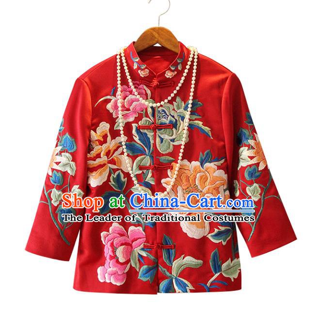 Chinese Traditional National Red Cheongsam Shirt Tangsuit Stand Collar Embroidered Coats for Women
