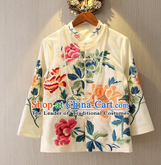 Chinese Traditional National White Cheongsam Shirt Tangsuit Stand Collar Embroidered Coats for Women