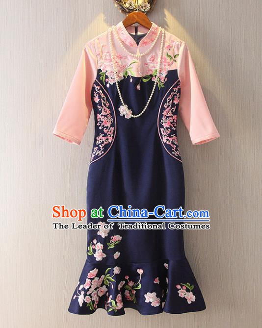 Chinese Traditional National Costume Navy Cheongsam Tangsuit Embroidered Short Dress for Women
