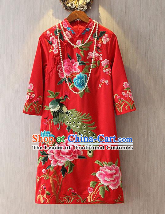Chinese Traditional National Costume Red Cheongsam Tangsuit Embroidered Peacock Dress for Women