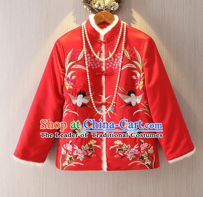 Chinese Traditional National Costume Cheongsam Cotton-padded Jacket Tangsuit Embroidered Red Coats for Women