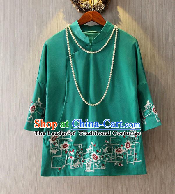 Chinese Traditional National Green Cheongsam Blouse Tangsuit Qipao Shirts for Women