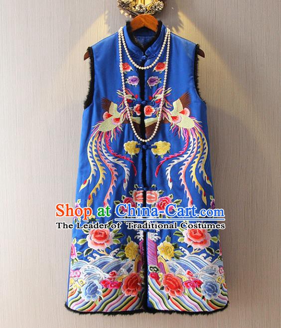 Chinese Traditional National Cheongsam Long Vest Tangsuit Embroidered Phoenix Blue Waistcoat for Women