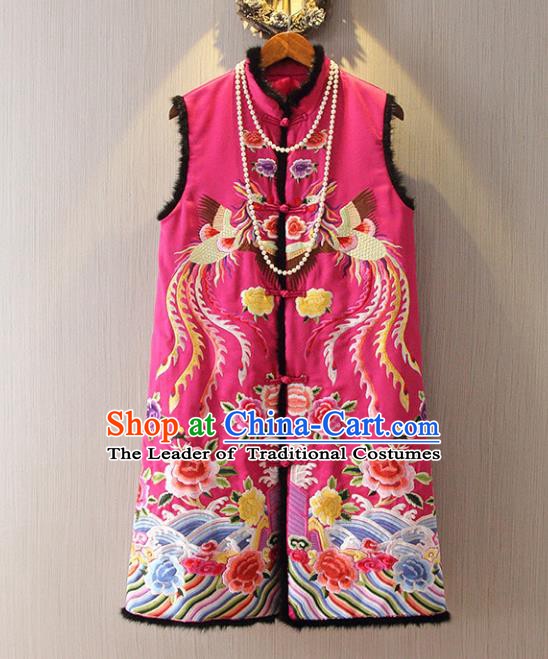 Chinese Traditional National Cheongsam Long Vest Tangsuit Embroidered Phoenix Rosy Waistcoat for Women